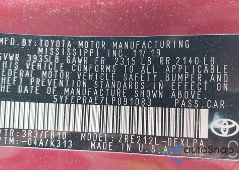 2020 Toyota Corolla Le from USA, damaged, VIN 5YFEPRAE7LP091083